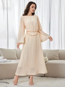 Modelyn Women's Solid Color Pleated Summer Arabic Style Long Sleeve Dress With Round Neckline, Elegant