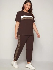 EMERY ROSE Plus Size Striped Printed Short Sleeve Top And Culottes Summer Casual Knitted Patchwork Two Pieces Set - Coffee Brown - View 4