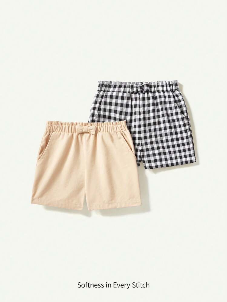 Baby Girl Solid Color Black & White Plaid Elastic Waist Casual Shorts 2pcs/Set