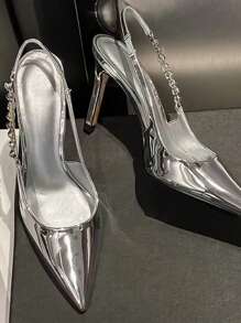 Silver Rhinestone Decor Pointed Toe Ankle Strap Sexy High Heel Sandals, Elegant French Style Stilettos For Spring/Summer, Run Small By Half Size,Elegant,Party - Silver - View 6