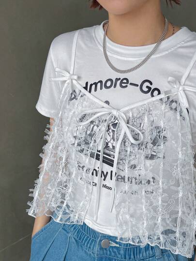 FRIFUL 女士时尚纯色镂空蝴蝶结装饰娃娃装上衣