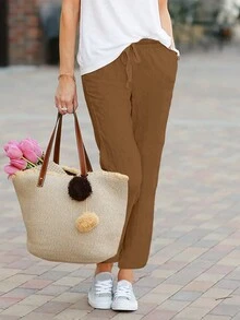 時尚休閒純色彈性腰帶口袋束腰褲