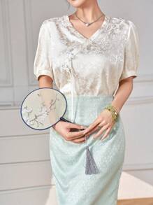 Modelyn Ensemble de vêtements traditionnels chinois Hanfu avec Top à manches courtes avec boucle à col en V et motif floral sombre et jupe, tenue traditionnelle