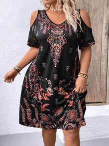 EMERY ROSE Vestido casual recto de hombros descubiertos con estampado floral para mujeres de talla grande para el verano - Negro - Ver 6