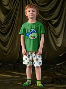 TEENAGE MUTANT NINJA TURTLES | SHEIN 男童绿色卡通印花短袖上衣短裤套装夏季家居服套装 - 綠色 - 查看 8