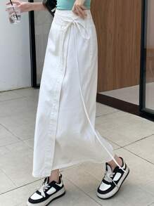 DAZY 女士休闲纯色系带裹身长款牛仔裙，夏季牛仔裙