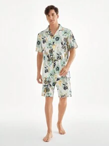 Men's Summer Floral Printed Short Sleeve Shorts Homewear Set