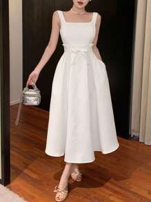 DAZY 女士纯色方领优雅夏季连衣裙，宽肩带舞会礼服，太阳裙，婚礼礼服