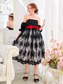 SHEIN Teen Girl Elegant Black And White Contrast With Red Bow Belt Sheer Embroidery Knit Strap Dress