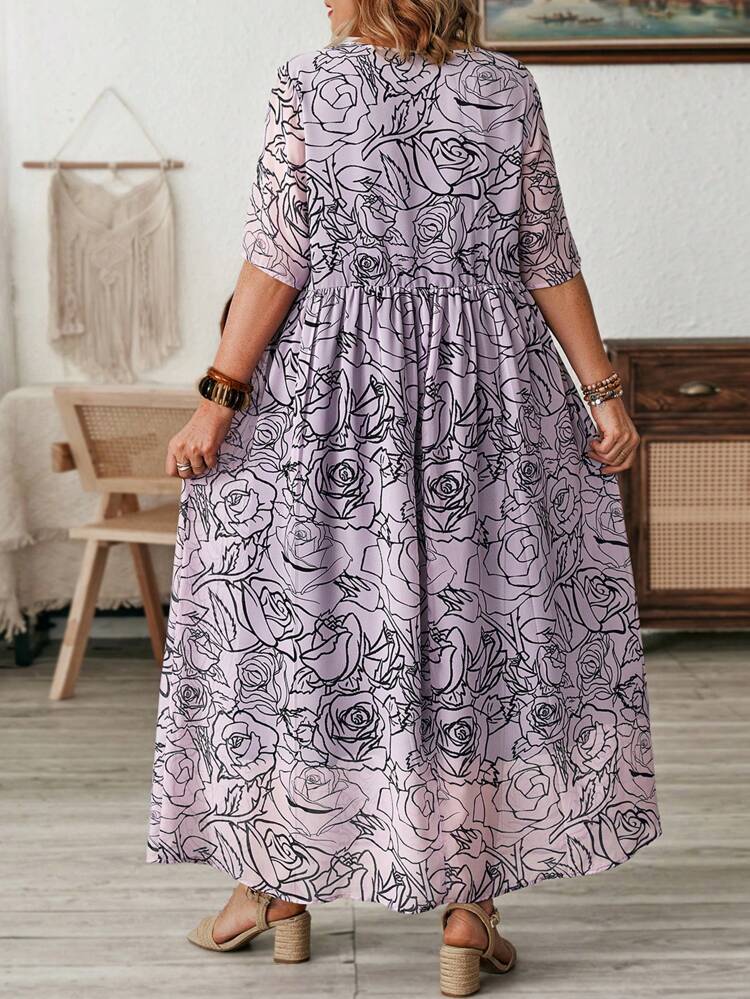 Plus Size Teacher Clothes V-Neck Floral Print Summer Short Sleeve Dress