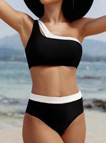 Swim Vcay Women's Summer Beach Color Block One Shoulder Sexy Bikini Set - Black and White - View 8