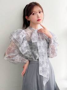 FRIFUL 女士时尚印花荷叶边袖衬衫，褶边，秋季女装长袖上衣 - 彩色 - 查看 4