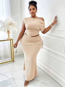 BIUBIU Spring/Summer New Plus Size Elegant Casual Commuter Asymmetrical Slanted Shoulder Collar Pleated Top With Asymmetric Hem And Mermaid-Style Striped Skirt Set