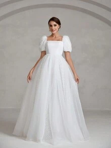 Faeriesty Bride Square Neck Short Sleeve A-Line Wedding Dress For Women – Elegant Bride, Garden Ceremony, Church Wedding, Vintage Styling, Formal Reception - White - View 6