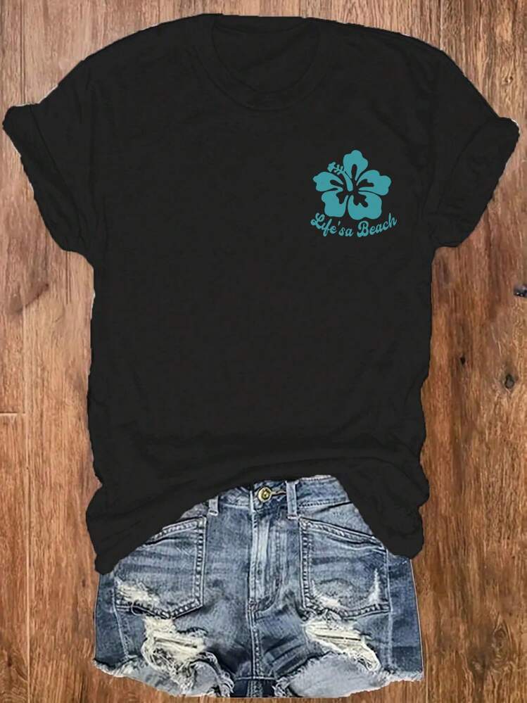 INAWLY 女士夏季短袖莲花海滩和棕榈树印花 T 恤图案 T 恤女式上衣 - 黑色 - 查看 4