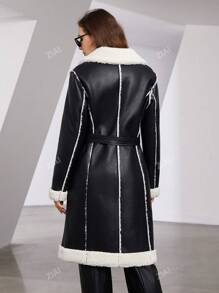 ZIAI Chaqueta de piel con cuello mullido, con cinturón, bolsillos y de moda para el otoño/invierno