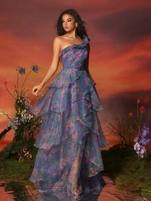 VIPGIRL Oblique-Shoulder Lace & Petal Hem Women's Evening Party Dress Elegant Formal Prom Wedding Guest Gown, For Graduation, Dinner - Purple - View 7