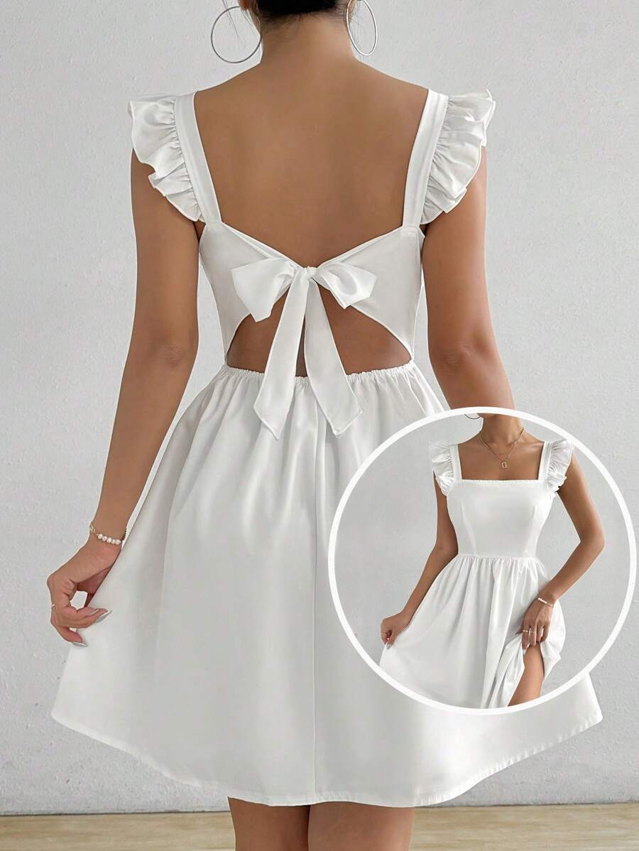 Rafferiza Vestido blanco de verano con escote cuadrado descubierto en la espalda y diseño acampanado corto - Blanco - Ver 1