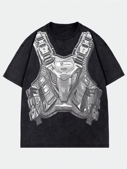 Street Life T-shirt à manches courtes imprimé lavé pour hommes, style vintage , été