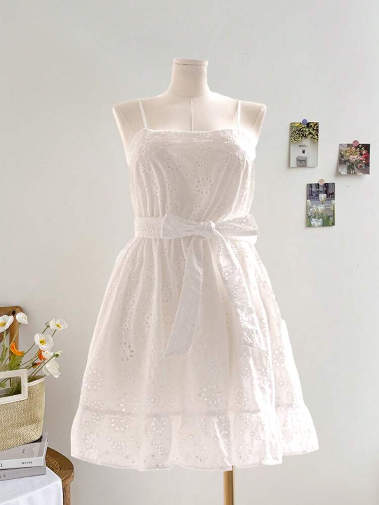 Plus Size Ladies Asymmetrical Thick Thin Shoulder Hollow Woven Embroidery Strap Thin Waist A Swing Semi-Pastoral Romantic Rural Sense Of Dress