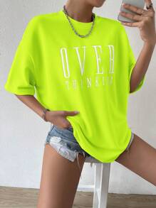 Chiquease 女士夏季休闲 T 恤，带口号印花，圆领和落肩袖图案 T 恤女式上衣 - 綠色 - 查看 3