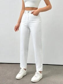 EURMUSE High Waist Mom Fit Jeans - White - View 3