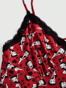 Betty Boop | ROMWE Plus Size Full-Print Contrast Lace Bustier Camisole Top For Summer - Burgundy - View 3