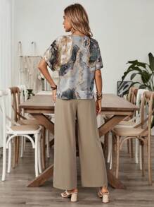 EMERY ROSE Women's Summer Casual Printed Round Neck Short Sleeve T-Shirt And Solid Color Pants Set - Multicolor - View 2