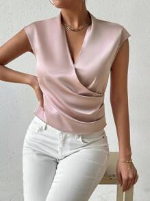 Chiquease Blusa simple de satén de unicolor para uso diario de mujeres - Rosa - Ver 1