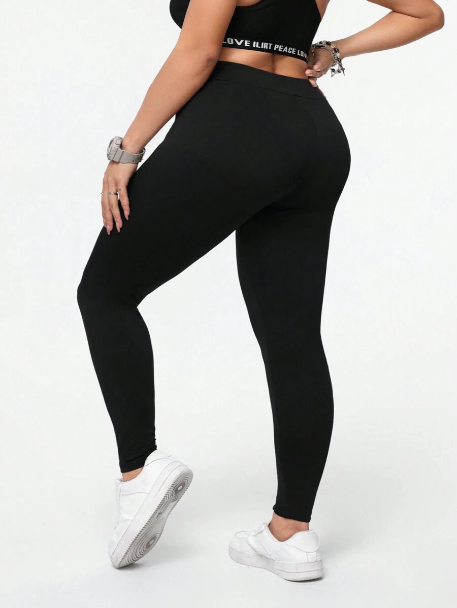 SHEIN Essnce Casual And Simple Solid Color Women's Plus Size Leggings, Suitable For Summer - Black - View 1