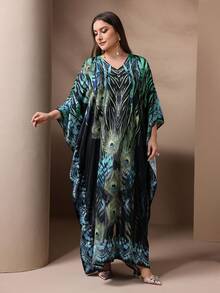 Plus Size Peacock Feather Print Batwing Sleeve Dress, Fashion For Spring Summer - Multicolor - View 5