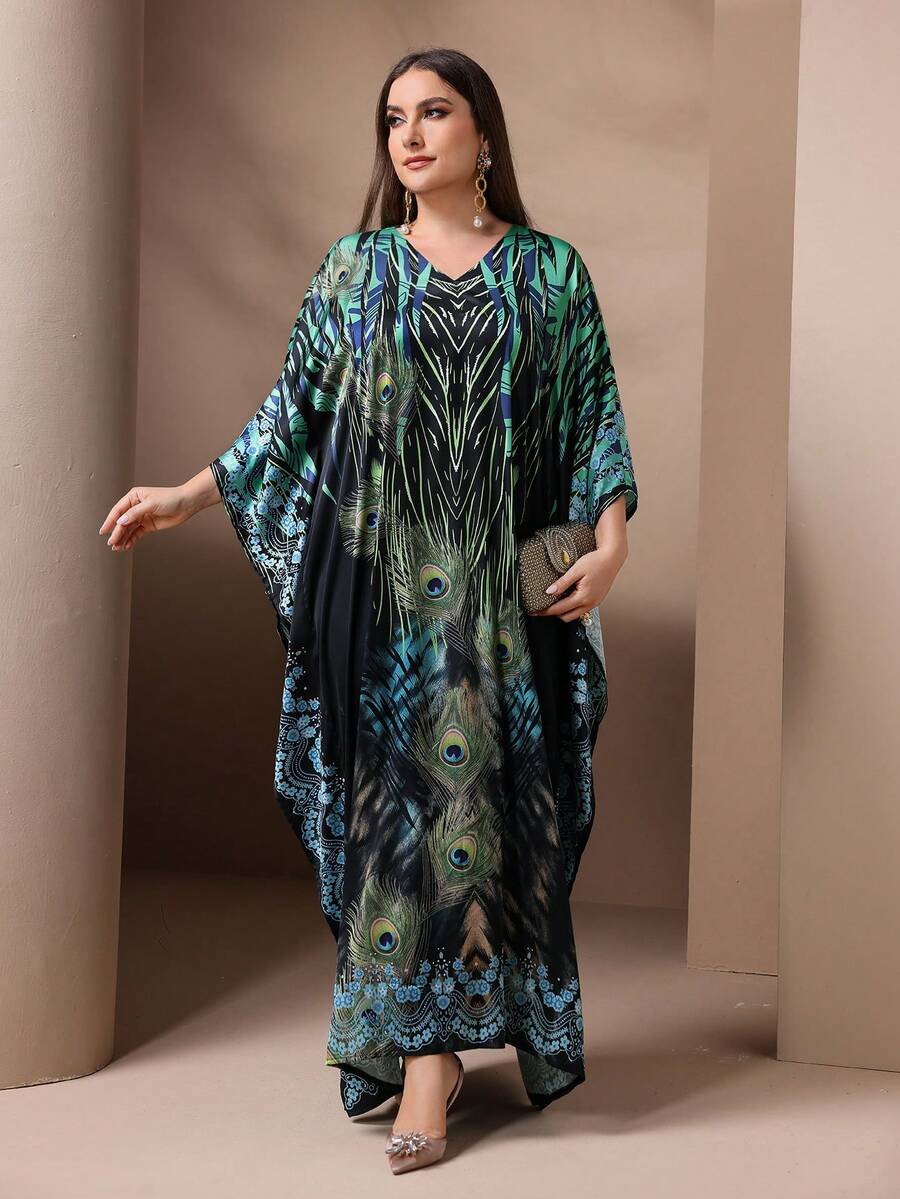 Plus Size Peacock Feather Print Batwing Sleeve Dress, Fashion For Spring Summer - Multicolor - View 1