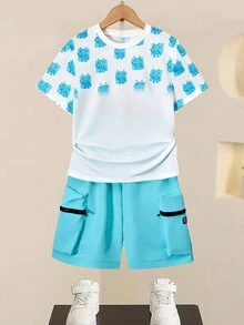 SHEIN Tricou cu desene animate Tween Boy și pantaloni scurți cu buzunare