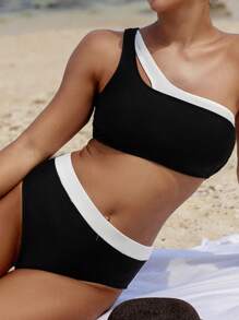 Swim Vcay Women's Summer Beach Color Block One Shoulder Sexy Bikini Set - Black and White - View 3
