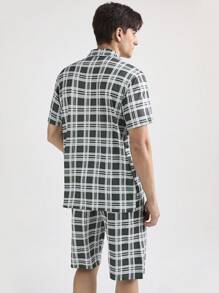 男士格紋短袖襯衫和短褲家居服套裝 - 綠色 - 查看 2
