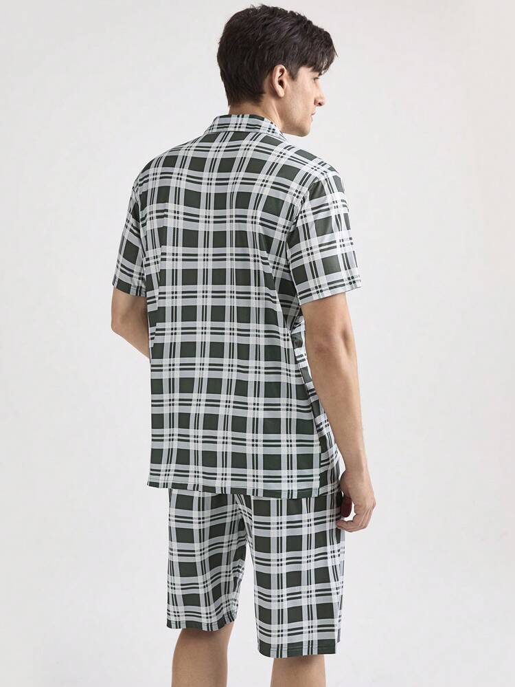 Men's Plaid Print Short Sleeve Shirt And Shorts Homewear Set