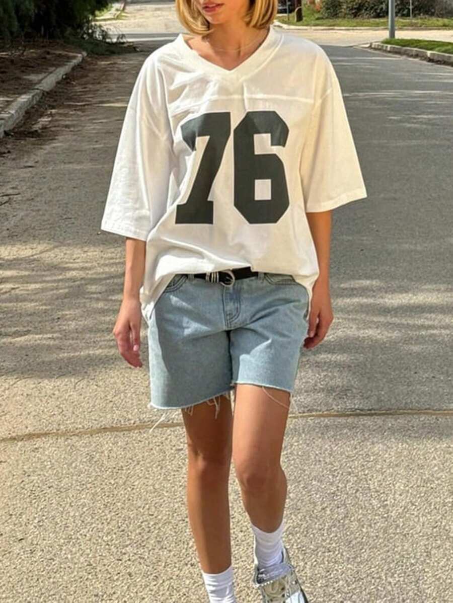 INAWLY 女士夏季休闲短袖 T 恤，带数字印花圆领图案 T 恤女式上衣 - 白色 - 查看 1