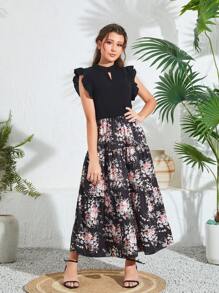 SHEIN Explorewe Vestido Negro Con Estampado De Flores Para Adolescentes - Negro - Ver 3