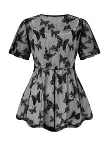SHEIN LUNE Camisa suelta de manga corta con malla de mariposa de verano para mujer de talla grande con detalles de ojales, frente anudado y volantes - Negro - Ver 2