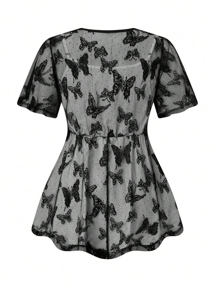 Plus Size Women's Summer Butterfly Mesh Gauze Eyelet Tie-Front Ruffle Short Sleeve Loose Shirt