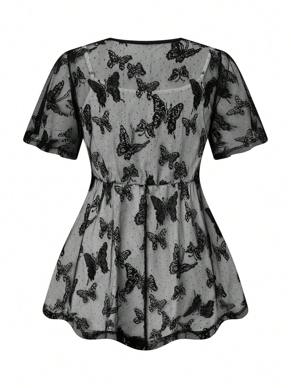 Plus Size Women's Summer Butterfly Mesh Gauze Eyelet Tie-Front Ruffle Short Sleeve Loose Shirt