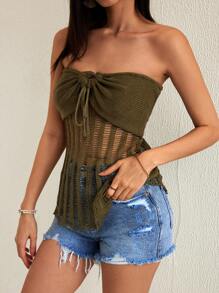 SHEIN Swim لباس علوي الباندو محيك مجوف الشاطي الصيف النساء - أخضر عسكري - مشاهدة 1