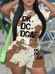 LovelyWholesale 夏季休闲彩色块字母印花短袖T恤和短裤2件套 - 彩色 - 查看 2