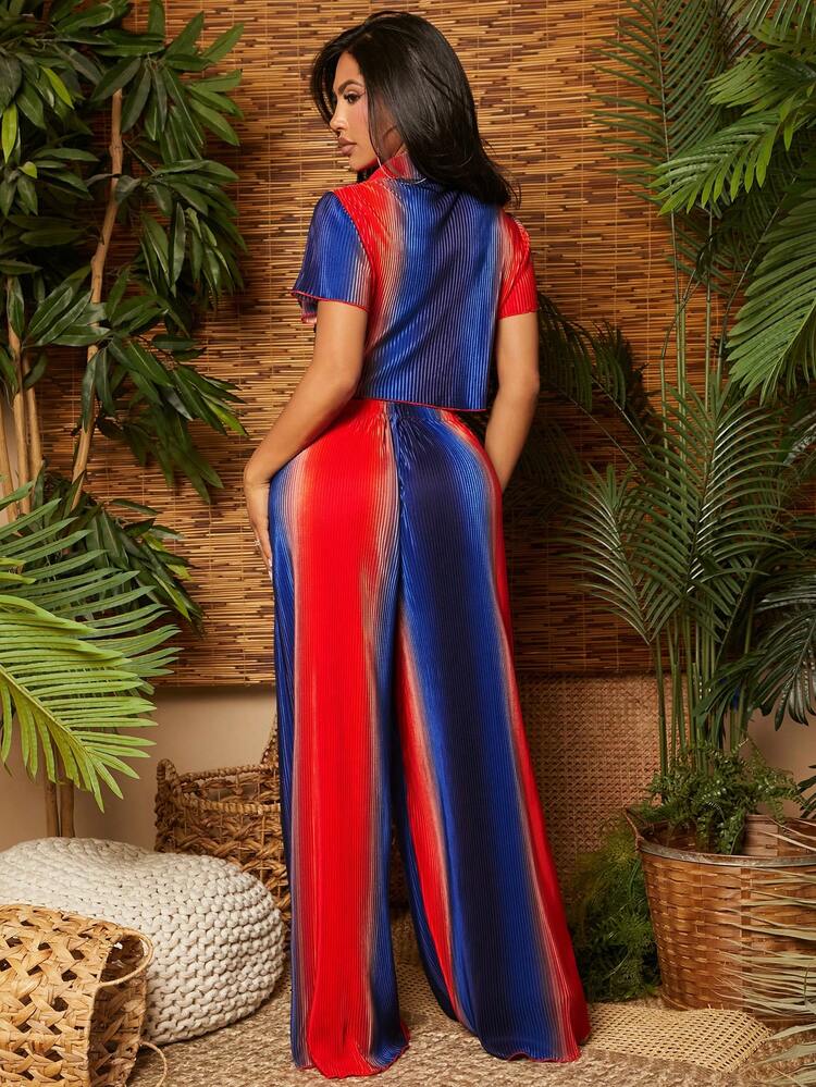 Women's Rainbow Stripe Toothpick Pleated Texture Fabric Short Sleeve Front Tie Crop Top And Wide Leg Pants Set, Vacation