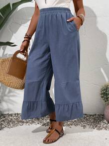 EMERY ROSE Plus Size Summer Countryside Solid Color Frill Hem Casual Daily Wear Pants - Grey - View 3