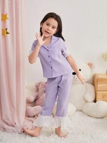 SHEIN Young Girl Elegant And Simple Shirt Collar With Lace Decorations Papery Sleepwear, 2pcs Set (Sold Separately), Matching Sibling Outfits - Mauve Purple - View 3