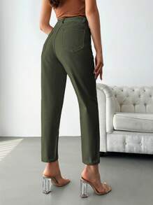 SHEIN Cottnline Solid Color Back Pocket Denim Jeans - Khaki - View 2