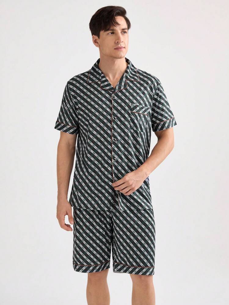 Men's Plaid Short Sleeve Shorts Summer Homewear Set