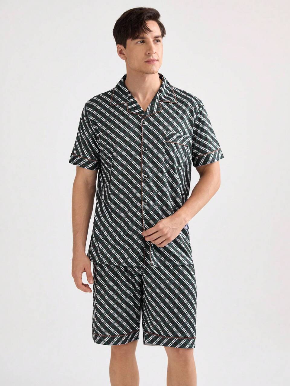 Men's Plaid Short Sleeve Shorts Summer Homewear Set