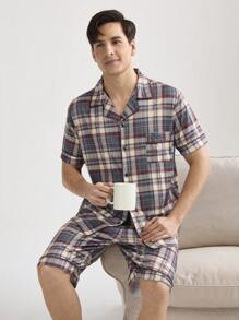 Men's Plaid Short Sleeve And Long Pants Homewear Set - Dark Grey - View 1